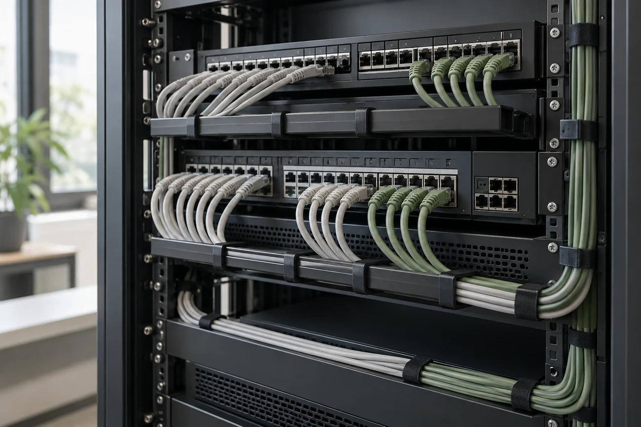 Imagem ilustrativa: Cabeamento estruturado em um rack de rede